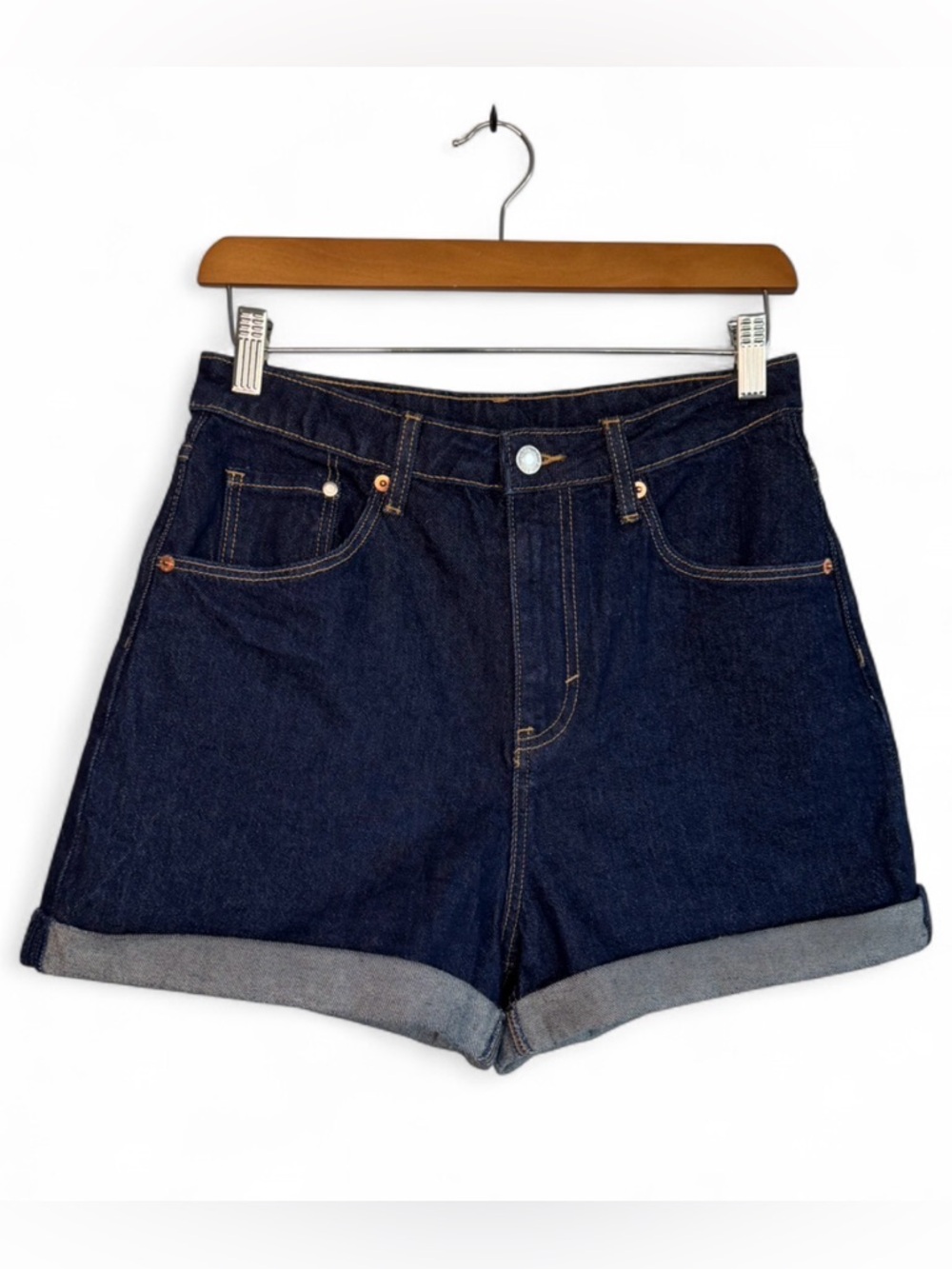 High-Rise Dark Indigo Denim Roll-Cuff Women’s Shorts